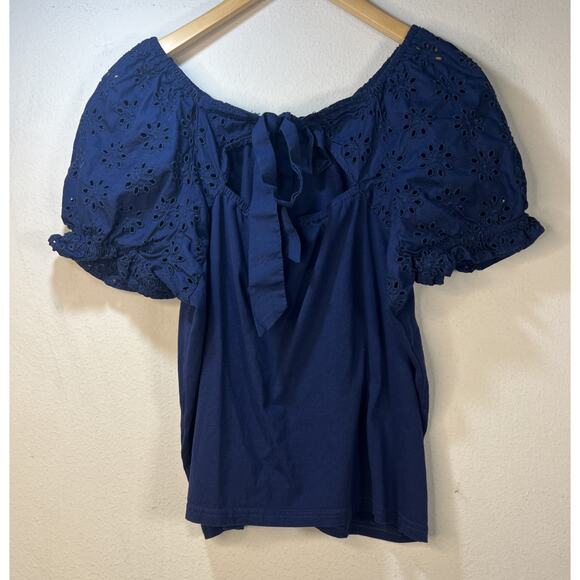 J. Crew Eyelet Puff Sleeve peasant embroidered top Medium Navy Blue Bow back - Picture 4 of 11